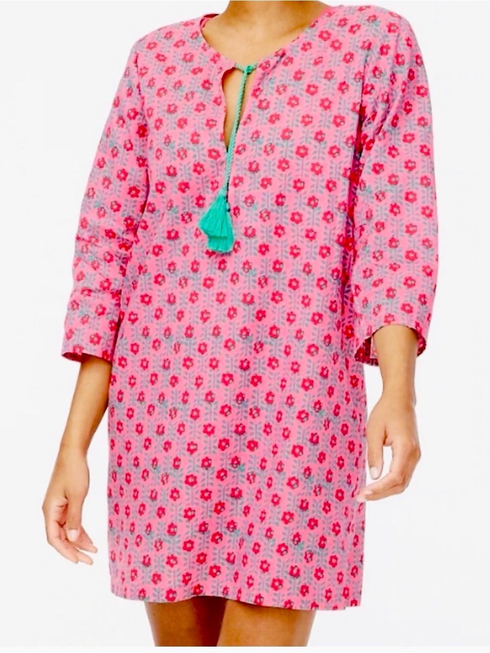 J. Crew S Pink Floral Brillant Azalea Tunic or Swim Coverup with Teal Tassels